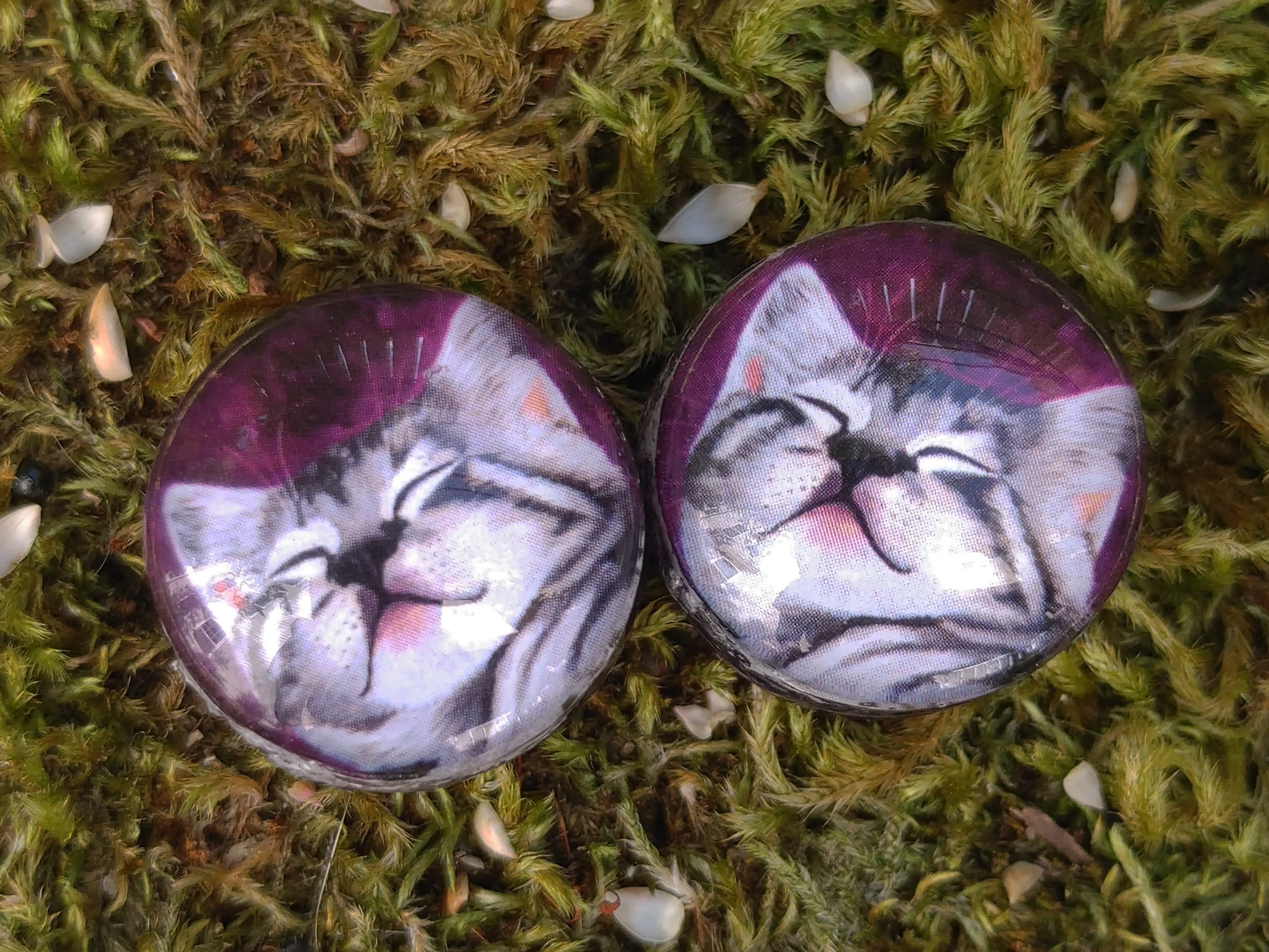 Cute Cat Stone Picture Plugs Gauges | Amethyst Stone Plugs | Double Flare Handmade tunnel