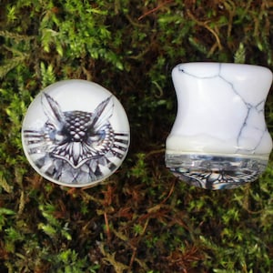 Owl Stone Picture Plugs Gauges | White Turquoise Stone Plugs | Double Flare Handmade tunnel