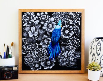 Blue bird and black and white flowers Art Print | Wall decor