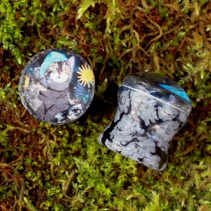 Cat in Grant Tetons Stone Picture Plugs Gauges | Snowflake Obsidian Stone Plugs | Double Flare Handmade tunnel