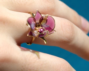 Resin Orchid Flower Ring: Handmade Floral Wire Jewelry, Adjustable Band