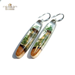 Real Mushroom earrings Dangle. Terrarium earrings handmade. Wood resin jewelry. Epoxy earrings gift for women. image 4