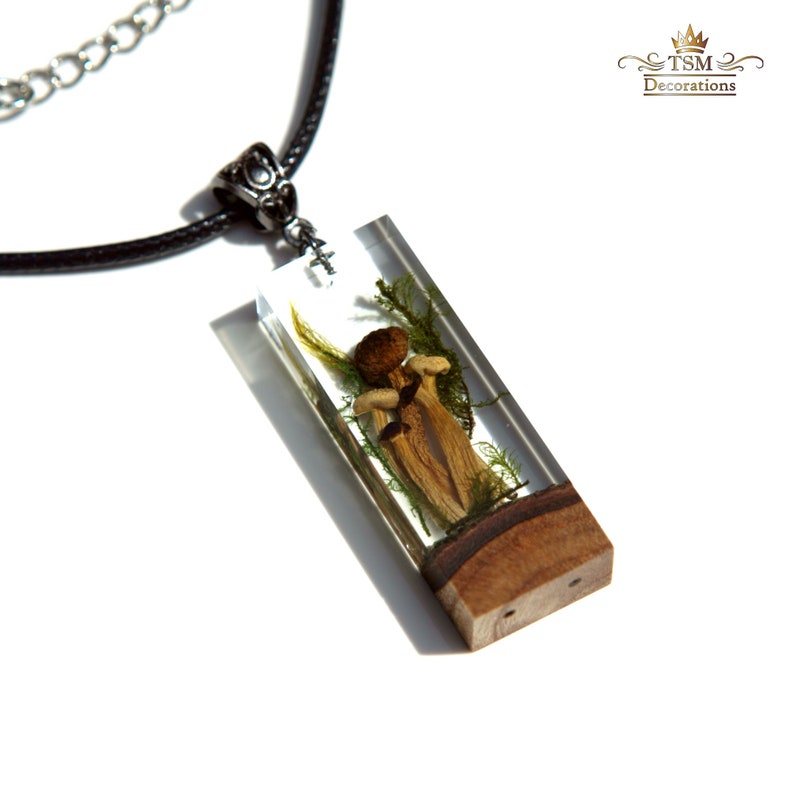 Crystal Mushroom necklace. Crystal terrarium necklace. Wood resin Pendant Necklace. Epoxy Jewelry. Epoxy resin art. Gift for women image 5