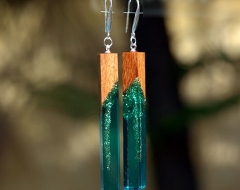 Bar drop earrings handmade jewelry. Wood resin earrings. Epoxy earrings blue wood earrings. Wood resin art earrings. Gift for women