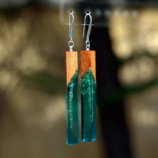 Bar drop earrings handmade jewelry. Wood resin earrings. Epoxy earrings blue wood earrings. Wood resin art earrings. Gift for women