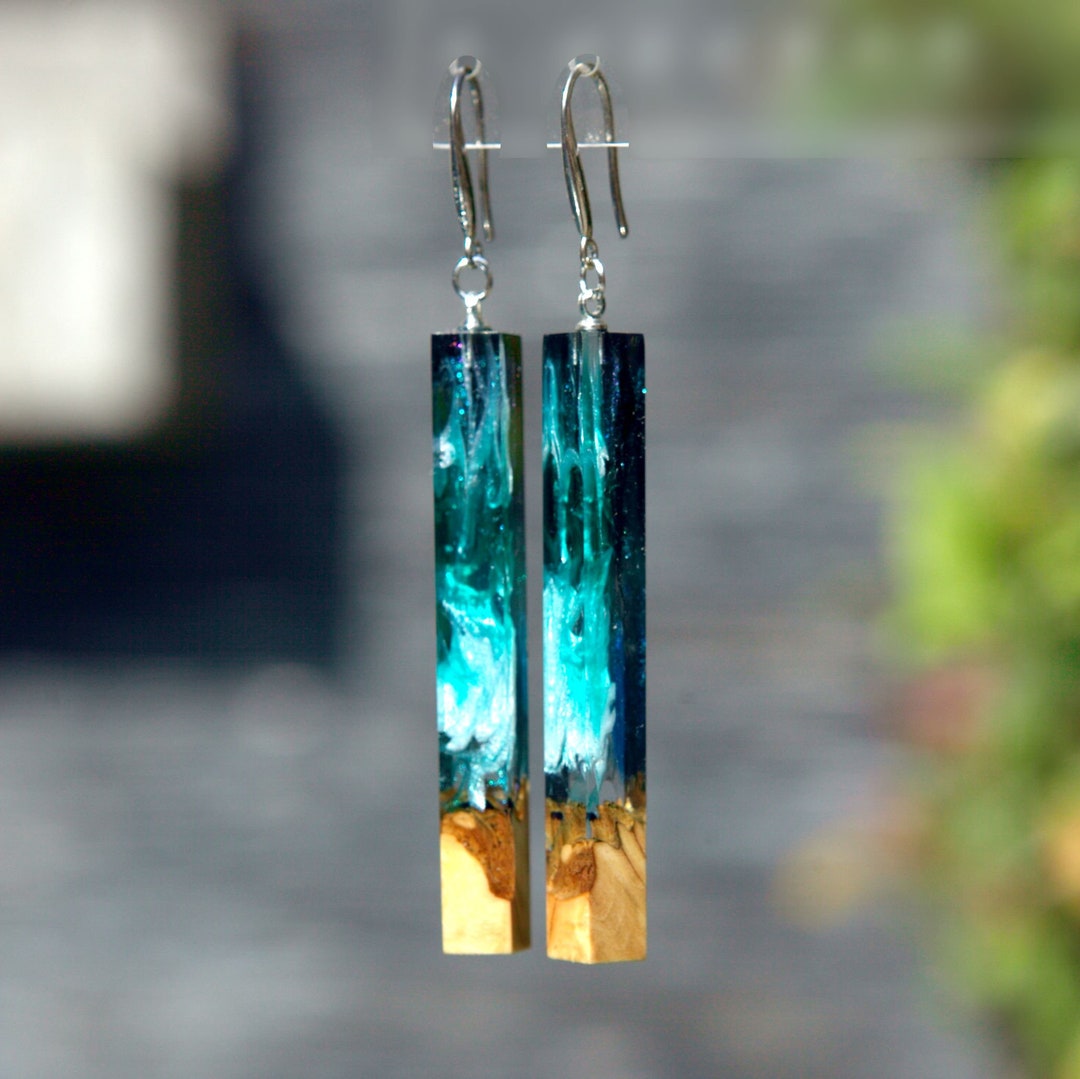 Wood Resin Earrings Epoxy Jewelry. Ocean Resin Art. Ocean Wave on Wood