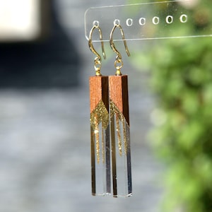 Mahogany Wood Resin Earrings: Gold Plated Hooks, Handmade Boho Jewelry
