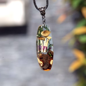 Real Mushroom & Wood Resin Necklace: Crystal Terrarium Pendant