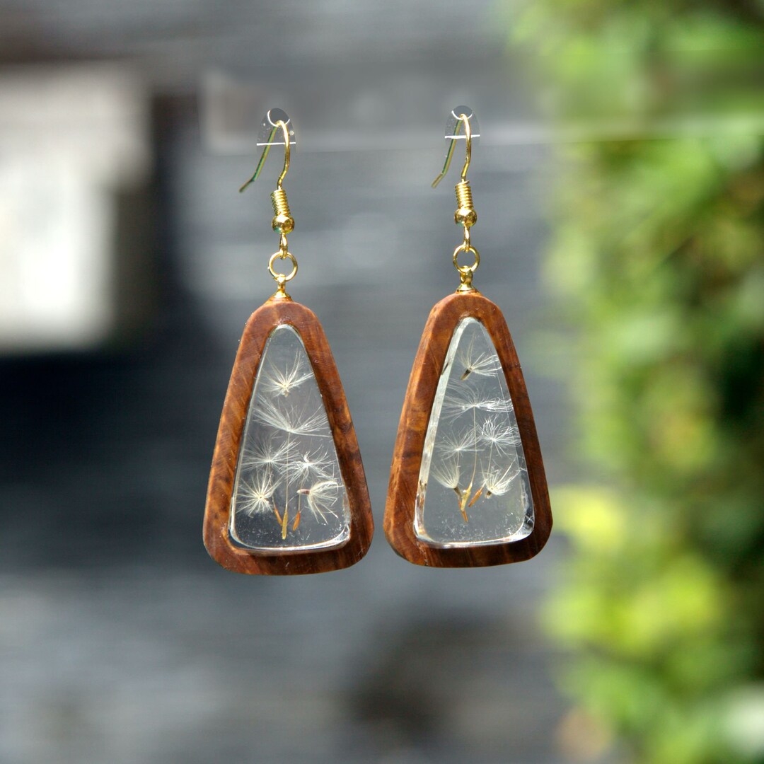 Wood Resin Earrings Dandelion Wish Earrings Epoxy Resin Art Wood