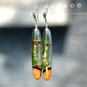 Real Mushroom earrings Dangle. Terrarium earrings handmade. Wood resin jewelry. Epoxy earrings gift for women. image 1