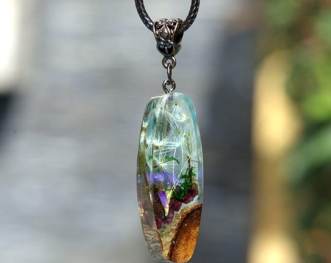Real Dandelion Wood Resin Necklace: Botanical Terrarium Pendant Nature Handmade Jewelry
