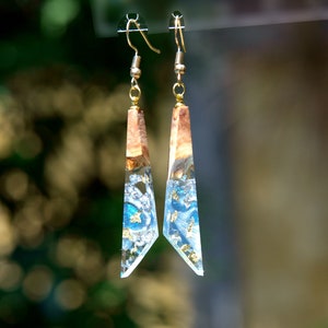 Blue resin earrings. Handmade jewelry. Silver flakes gold flakes earrings. Wood resin earrings. Epoxy jewelry. Wood resin art. Unique gift