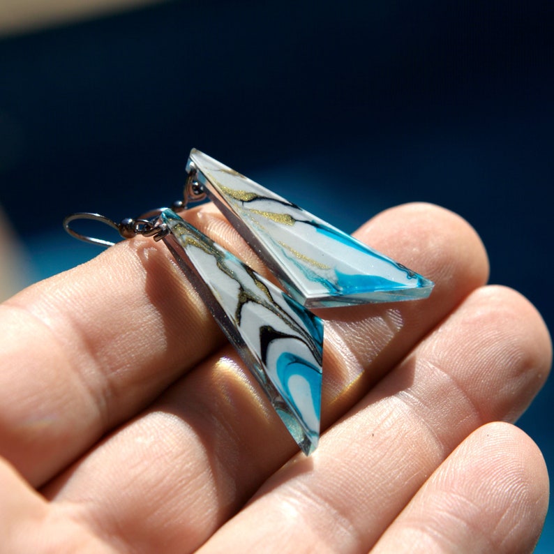Marble effect Resin earrings. Triangle Epoxy earrings. Handmade abstract geometric earrings. Epoxy resin art earrings. Epoxy jewelry. image 3