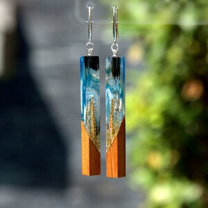 Wood resin earrings epoxy jewelry. Ocean resin art. Ocean wave on wood. Epoxy earrings. Resin and wood handmade gift for women. image 1