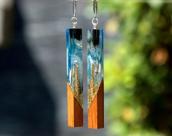 Wood resin earrings epoxy jewelry. Ocean resin art. Ocean wave on wood. Epoxy earrings. Resin and wood handmade gift for women.