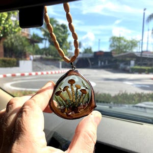 Dried Mushroom Car Charm: Wood Resin Epoxy Art, Boho Car Mirror Decor