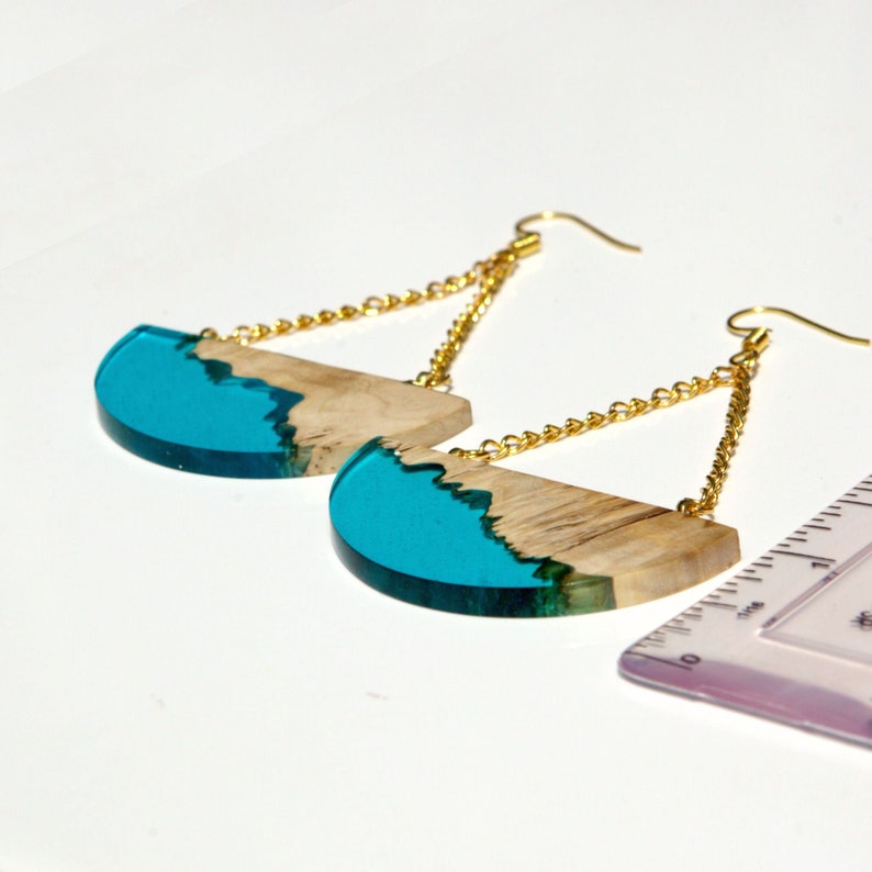 Wood Resin Turquoise Semicircle Dangle Earrings anniversary gift for women