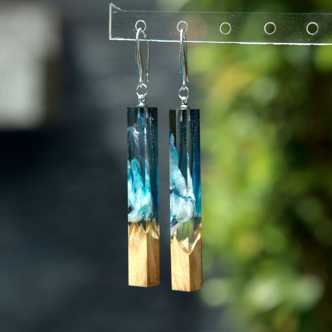 Wood Resin Earrings Epoxy Jewelry. Ocean Resin Art. Ocean Wave on Wood