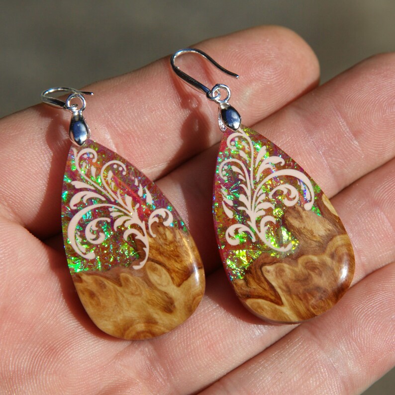 Wood resin earrings handmade Epoxy resin art earrings Glow in Etsy