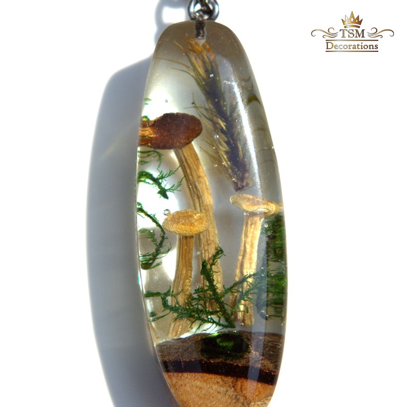 Real Mushroom Necklace Crystal terrarium pendant necklace. Epoxy resin necklace. Resin wood art mushroom jewelry. image 4