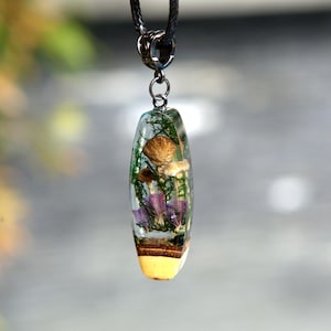 Real Mushroom Necklace Crystal terrarium pendant necklace. Epoxy resin necklace. Resin wood art mushroom jewelry.