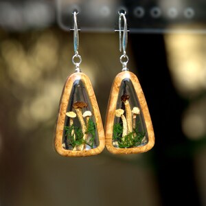 Wood Resin Real Mushroom Earrings Handmade. Epoxy Wooden Earrings for Women. Real Mushroom Jewelry. Gifts for Women