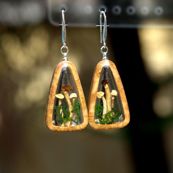 Wood Resin Real Mushroom Earrings Handmade. Epoxy Wooden Earrings for Women. Real Mushroom Jewelry. Gifts for Women