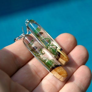 Real Mushroom earrings Dangle. Terrarium earrings handmade. Wood resin jewelry. Epoxy earrings gift for women. image 3
