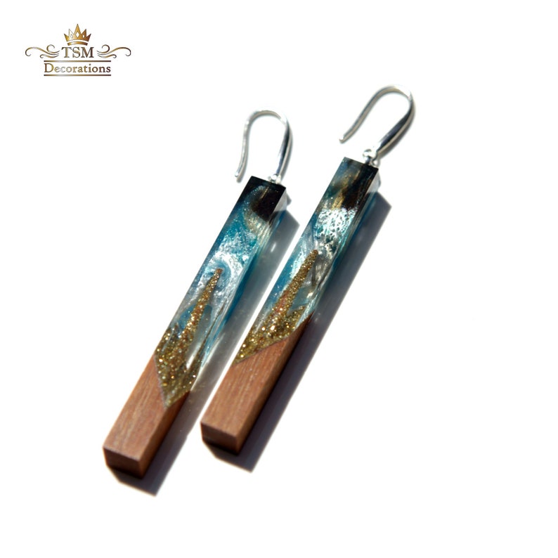 Wood resin earrings epoxy jewelry. Ocean resin art. Ocean wave on wood. Epoxy earrings. Resin and wood handmade gift for women. image 2