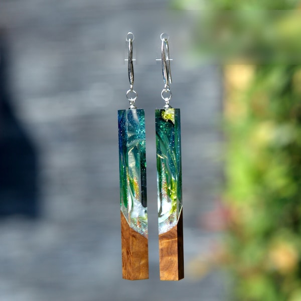 Light green earrings. Adorn me epoxy earrings. Wood resin Jewelry gift for women.