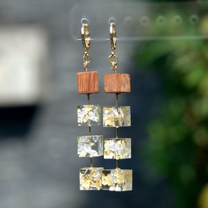 Gold and Silver flakes Epoxy resin earrings. Wood Resin Jewelry. Wood resin art earrings. Gift for women