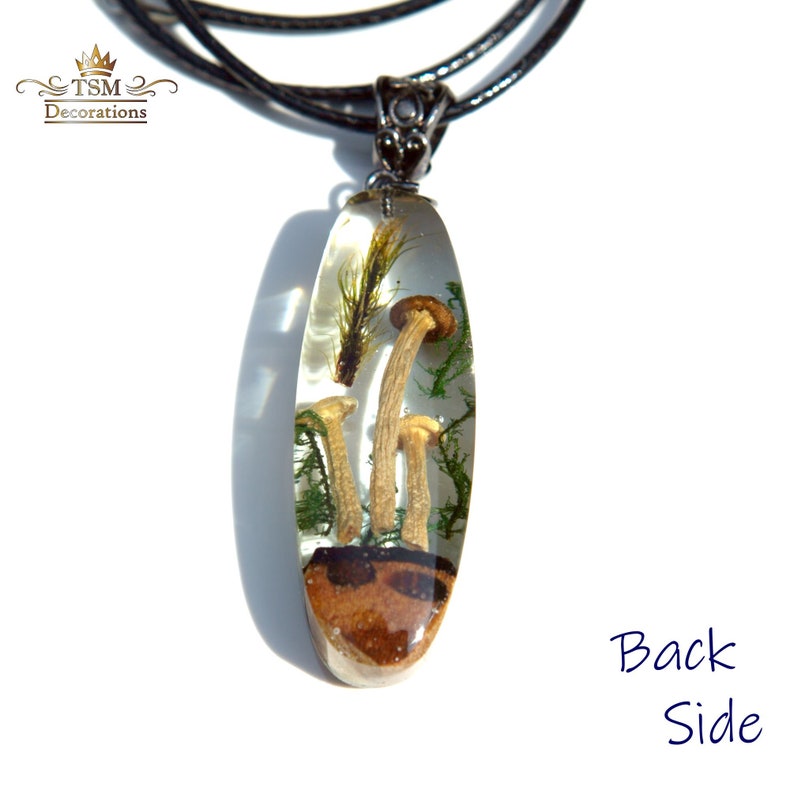 Real Mushroom Necklace Crystal terrarium pendant necklace. Epoxy resin necklace. Resin wood art mushroom jewelry. image 7