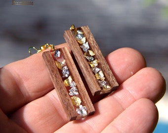 Silver and Gold flakes earrings. Wood resin jewelry Epoxy earrings. Boho dangle earrings Gift for women