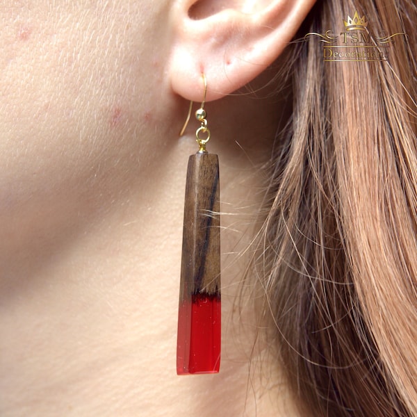 Bright red earrings. Dangle bar Wood Resin Earrings. Wooden Boho Earrings. Wood Resin Jewelry. Wood resin art. Gift for women