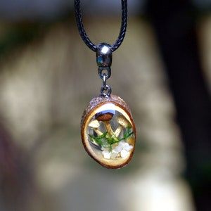 Real mushroom necklace. Epoxy mushroom jewelry. Crystal terrarium necklace for women. Small wood resin pendant necklace. Wood resin jewelry.