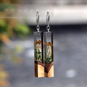 Wood Resin Real Mushroom Earrings Handmade. Epoxy Wooden Earrings for Women. Real Mushroom Jewelry. Gifts for Women
