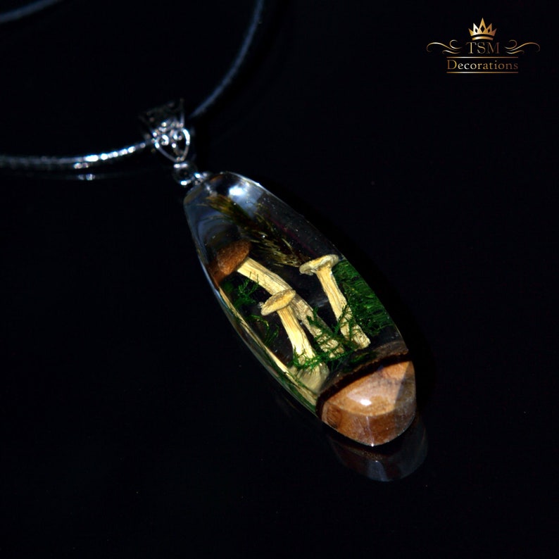 Real Mushroom Necklace Crystal terrarium pendant necklace. Epoxy resin necklace. Resin wood art mushroom jewelry. image 5