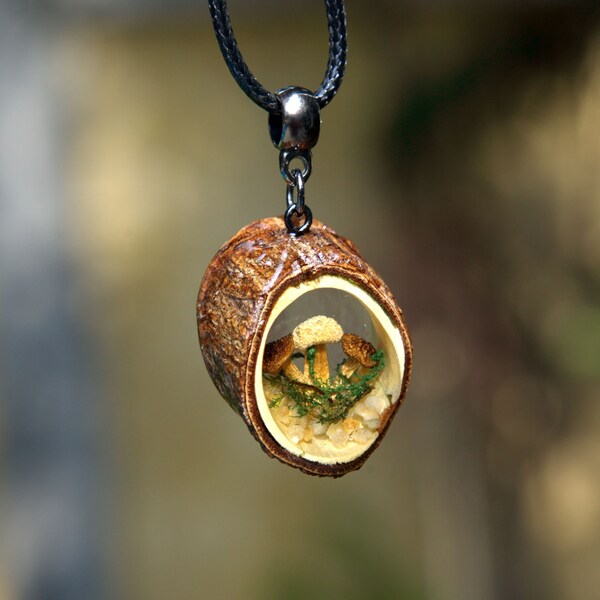 Crystal Mushroom necklace for women. Real mushroom wood resin pendant. Wood resin jewelry. Epoxy mushroom necklace pendant. Gift for her.