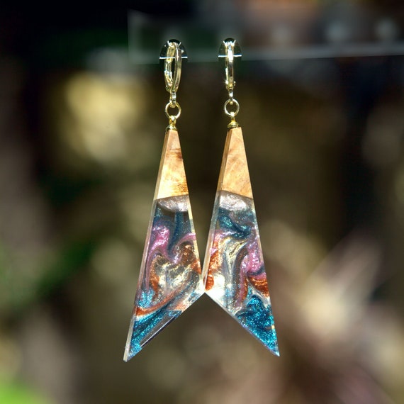 Wood and Resin Earrings. Wood Resin Jewelry. Epoxy Earrings. Wood