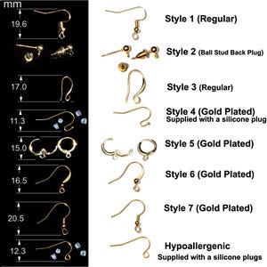 K&ouml;nnte beinhalten: Eine Sammlung von sieben goldfarbenen Ohrring-Komponenten, beschriftet als Style 1 bis 7 sowie Hypoallergenic. Das Bild zeigt verschiedene Haken-, Stecker- und Creolen-Designs mit Ma&szlig;en in Millimetern von 11,3 mm bis 20,5 mm pro Element.