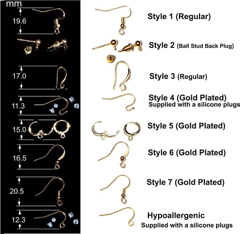 K&ouml;nnte beinhalten: Eine Sammlung von sieben goldfarbenen Ohrring-Komponenten, beschriftet als Style 1 bis 7 sowie Hypoallergenic. Das Bild zeigt verschiedene Haken-, Stecker- und Creolen-Designs mit Ma&szlig;en in Millimetern von 11,3 mm bis 20,5 mm pro Element.