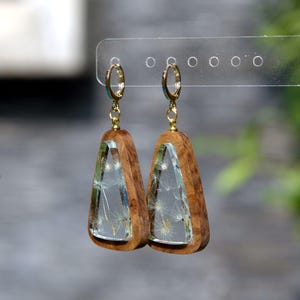 Dandelion in resin Epoxy Earrings. Pressed flower jewelry dandelion. Wood Resin Earrings. Wooden epoxy Jewelry gift for women
