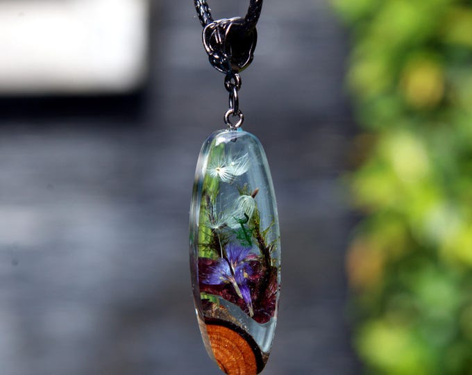 Real Dandelion Wood Resin Necklace: Botanical Terrarium Pendant Nature Handmade Jewelry