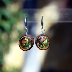 Real Mushroom Wood Resin Earrings: Forest Terrarium Branch Slice Dangle Nature Jewelry