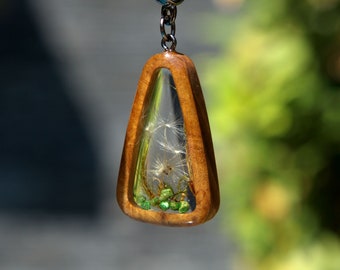 Crystal terrarium Dandelion necklace with moss and small green stones. Wood Resin Jewelry Handmade Gift for women. Epoxy Resin Art