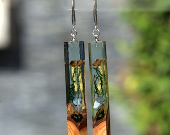 Real Mushroom Wood Resin Earrings: Handmade Moss Jewelry Resin art
