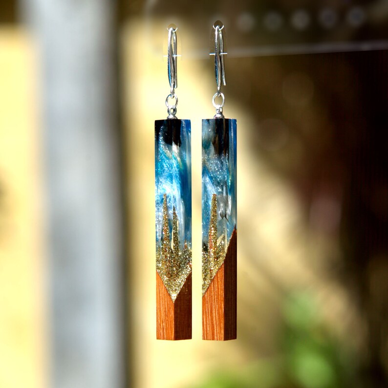 Wood resin earrings epoxy jewelry. Ocean resin art. Ocean wave on wood. Epoxy earrings. Resin and wood handmade gift for women. image 4