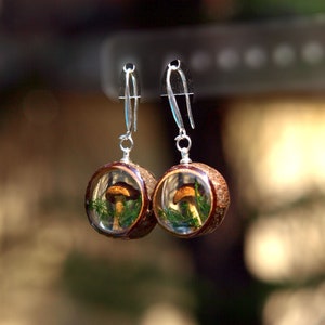 Real Mushroom Earrings for Woman. Small round epoxy earrings. Wood Resin jewelry. Magic mushroom art resin earrings.