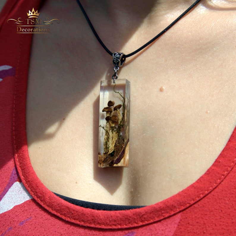 Crystal Mushroom necklace. Crystal terrarium necklace. Wood resin Pendant Necklace. Epoxy Jewelry. Epoxy resin art. Gift for women image 6