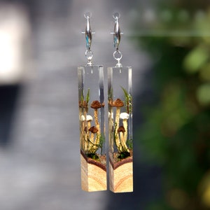 Real Mushroom earrings Dangle. Terrarium earrings handmade. Wood resin jewelry. Epoxy earrings gift for women.